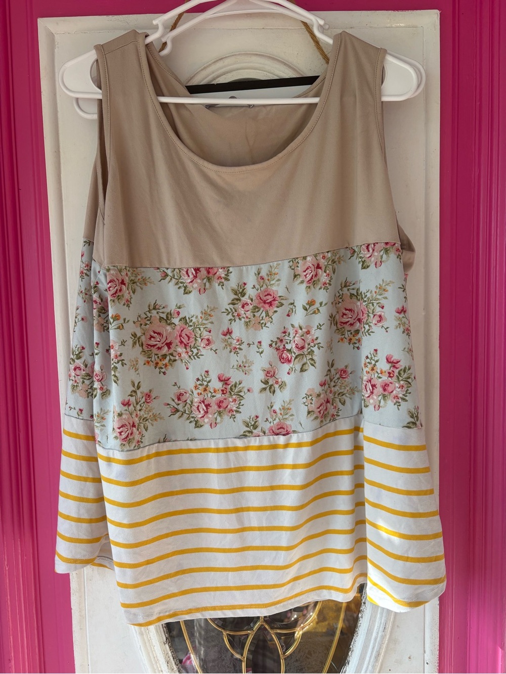 Doublju Beige, Floral & Yellow Stripe Sleeveless Tank